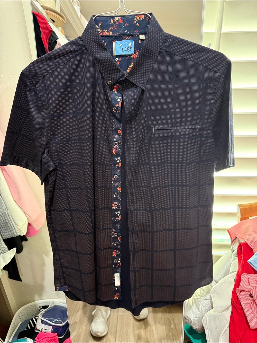 7 Diamonds Navy Windowpane Short-Sleeve Shirt with Floral Trim